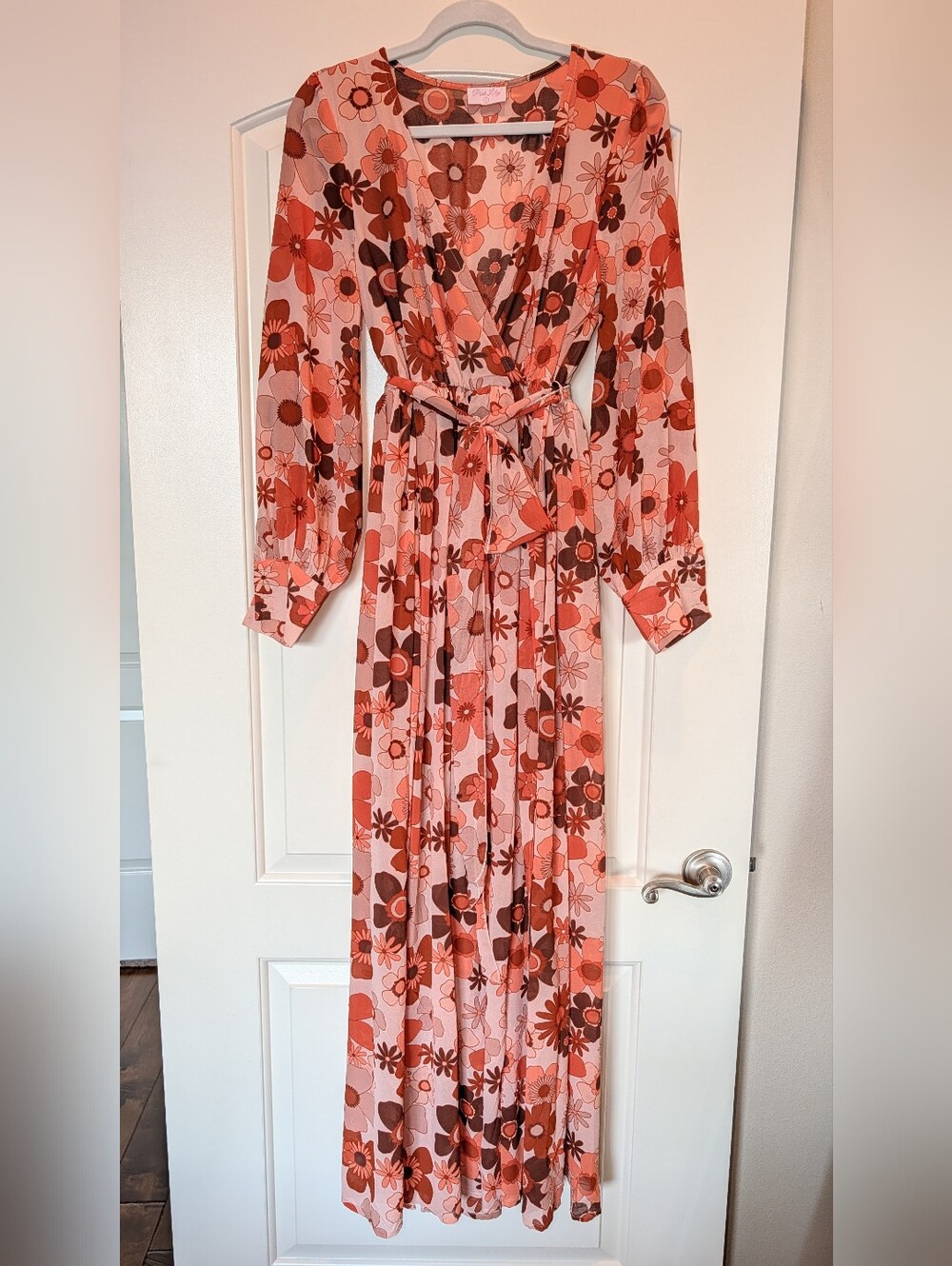 Retro Floral Boho Maxi Dress Long Sleeve Wrap Tie Waist - NWOT - Large - Picture 6 of 16